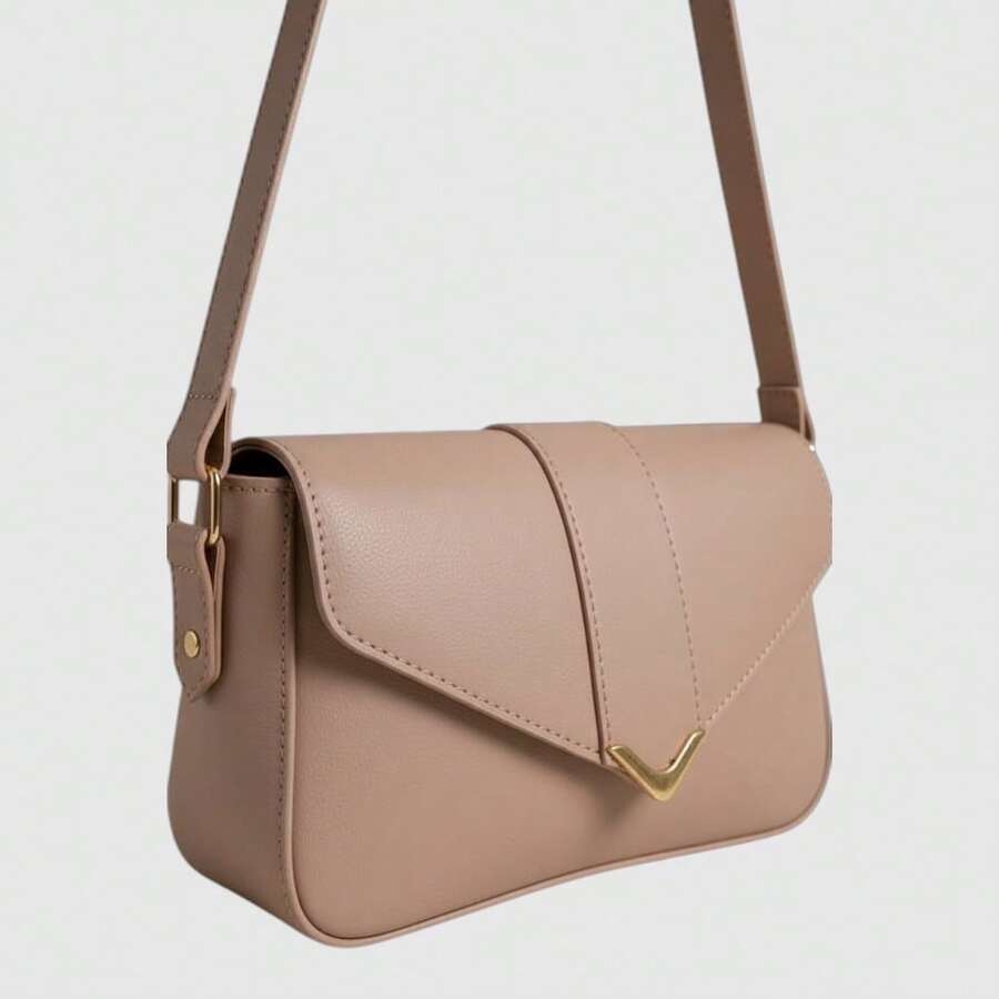 Women's Shoulder Bag With Gold Details. Envelope Bag With Magnetic Closure. - Nude - View 1