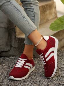 大码女式时尚运动鞋，红色撞色系带休闲平底舒适运动鞋 - 紅色 - 查看 6