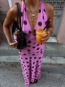 Women Y2k Halter Maxi Dress Vintage Polka Dot Mesh Long Dress Sleeveless Backless Deep V Neck Fishtail Cami Dresses Beach Vacation Party Sundress Summer Clothes Outfit - 粉色 - 查看 5