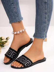 Women's Geometric Pattern Flat Sandals For Daily Wear, Beach, And Home - Dark Grey - View 6