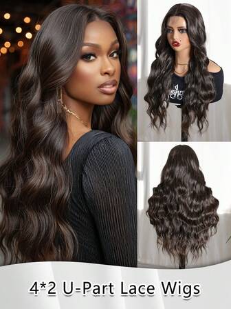 26英寸多色长假发，波浪长发，4x2 U型蕾丝假发，可染色，中分，合成耐热，自然逼真，适合派对或作为圣诞礼物，也可作为圣诞装饰或服装。全红黑假发，适合女孩，高品质，自然美丽，柔软人造纤维，圣诞节适用。