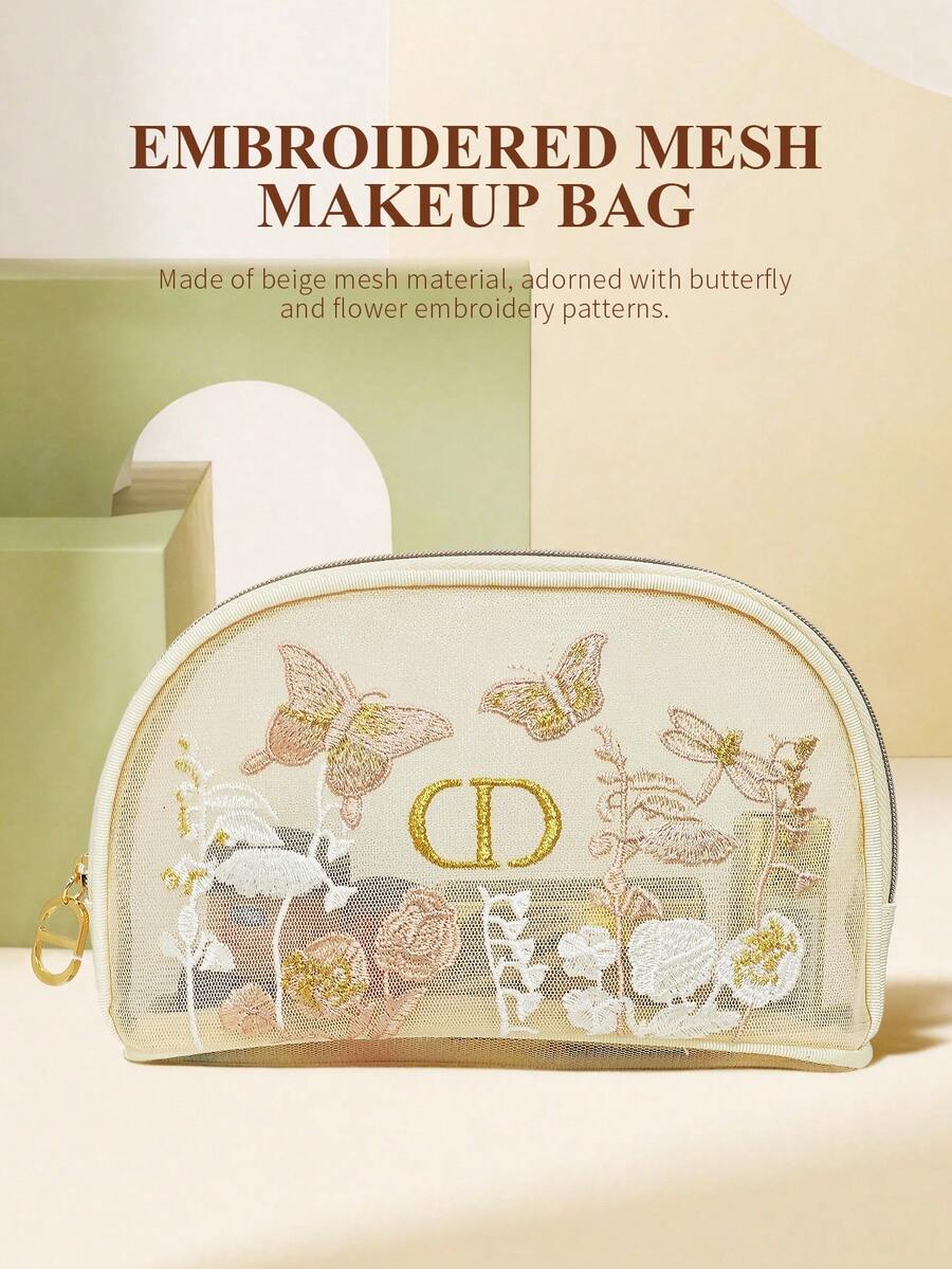 Dior Túi đựng mỹ phẩm thêu hình bướm, túi trang điểm, màu be/hồng với họa tiết hoa và côn trùng, logo CD vàng, hộp đựng đồ trang điểm có khóa kéo và dây đeo có thể tháo rời. - Màu be - Xem 1