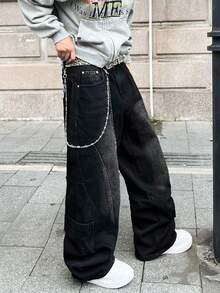 1pc Vintage American High Street Embroidered Patchwork Loose Baggy Distressed Jeans For Men, Fashion Versatile Casual Long Pants (No Belt & Accessories)