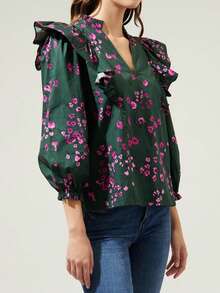 Womens Shirts Puff Long Sleeve V Neck Floral Print Casual Loose Fit Autumn Blouse - 墨綠色 - 查看 2