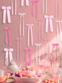 24/12件粉色蝴蝶结墙饰，DIY蝴蝶结背景，丝带花环，适用于情人节、生日派对、单身派对、婚礼派对装饰、房间和卧室装饰、情人节礼物、情人节派对、情人节派对背景 - 彩色 - 查看 3