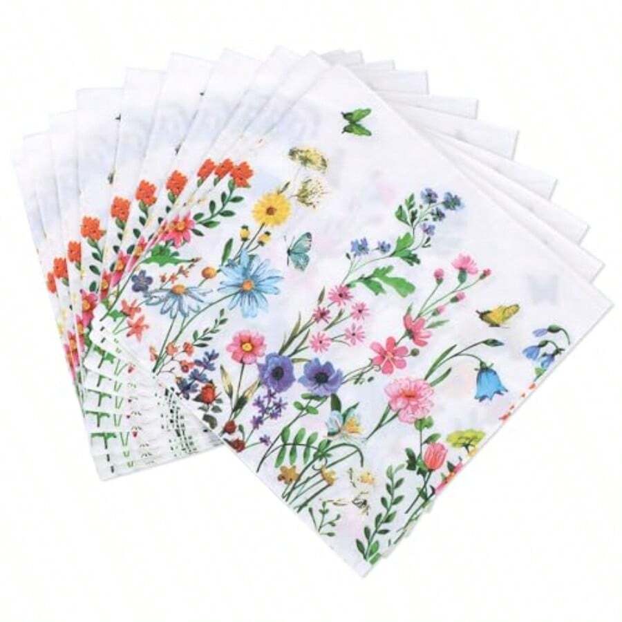 D60pcs Colorful Wildflower Napkins Paper Floral Paper Napkins Spring Flower Butterfly Pattern Decorative Disposable Party Table Decoration For Wedding Dinner Kitchen Birthday Plies - As Pic - View 1