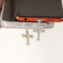 1个优雅十字形手机防尘塞 - 合金吊坠，镶嵌闪亮水晶，兼容和Type-C设备，耐用金属手机配件 - 彩色 - 查看 3