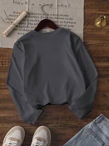 Camiseta infantil masculina casual de manga comprida com gola redonda e estampa divertida para o outono - Camiseta com estampa gráfica que vai fazer as crianças sorrirem. - Cinza escuro - Ver 4