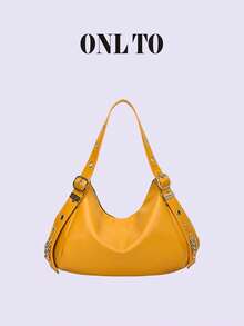 1pc Retro-Chic, High-End Luxury Style, Large Capacity, Studded Embellishments, Fashionable Women's Handbag, Ladies' Tote Bag, Motorcycle Bag, Suitable For Daily Commuting.