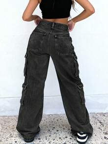 Women's Y2K Streetwear Multi-Pocket Straight Leg Cargo Jeans With Flap Pockets - Black - View 2