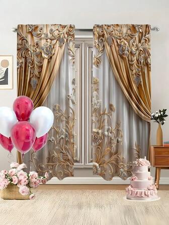 2片装现代优雅欧式金色花卉涤纶印花窗帘，四季皆宜，100%涤纶材质，透光，杆袋式设计，适用于厨房、洗衣房、卧室、书房、客厅