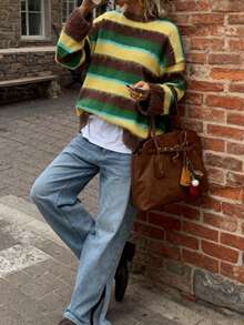 2025 Autumn/Winter New Fashion Niche Round Neck Contrast Color Striped Casual Long Sleeve Women Sweater, Wool Material