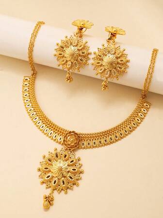 Set de 3 piezas de joyería estilo retro con baño de cobre: collar con colgante de disco redondo grabado, aretes con borlas, accesorios para uso diario y festivo