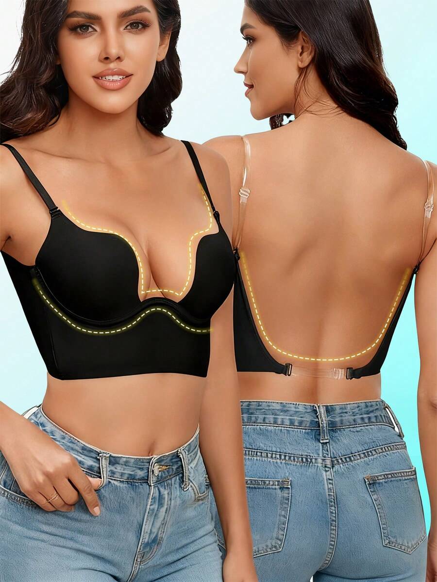 U Plunge Low Back Bras For Women Push Up Deep V Neck Backless Bra Low Cut Multiway Convertible Bra Wire Lifting Bralette - màu đen - Xem 1