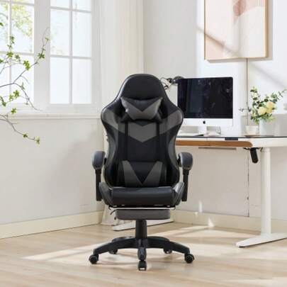 Ergonomic Gaming Chair With 360° Swivel, Racing Design, Leather Upholstery, High Backrest, Adjustable Height, Footrest, Headrest, And Lumbar Support For Office And Gaming. Black And Gray.