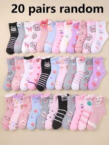 20 Pairs Girls' Socks, Assorted Colors And Cute Unique Patterns Including Hearts, Bows, Rabbits, Flowers, Soft And Breathable For Daily Wear, Holiday And Party Gifts, Random Color And Style Delivery - Multicolor - View 19