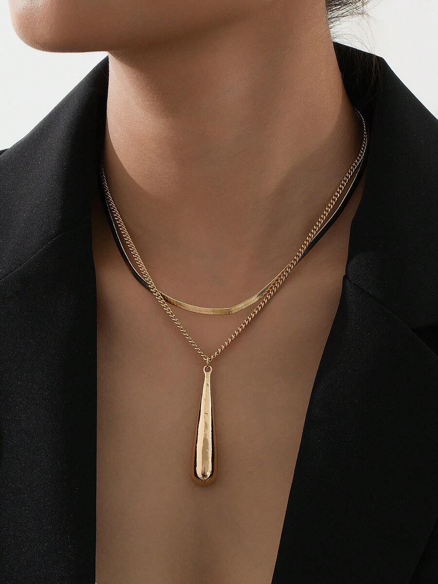 2pcs Minimalist Water Drop Pendant Necklace Set For Women, Layered Wear