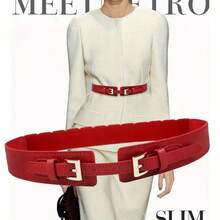 Punk Style Double Buckle Wide Waistband, Fashionable Solid Color PU Waistband, Classic Dress, Coat, Waist Belt For Women, Elegant Coat Belt, Simple And Versatile, Matched With Skirt, Thin Waistband - Multicolor - View 10