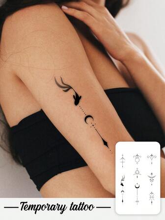 1张情人节临时纹身贴纸，Y2K风格新月吊坠，几何海娜图案，防水、防汗、可水洗、不反光，模拟纹身效果，可贴于手臂和肩膀，适合时尚人士，可持续3-5天