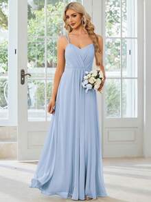 Elegant Chiffon Backless Floral Embroidered Light Blue Bridesmaid Dress, Suitable For Spring/Summer Wedding, Party, Wedding Guest, Ball, Beach Holiday - Baby Blue - View 5