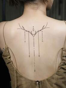 1 Stück modischer geometrischer Nischen Tattoo Aufkleber für Schulter und Hals, minimalistisches abstraktes temporäres Tattoo im dunklen Stil mit feinen Linien