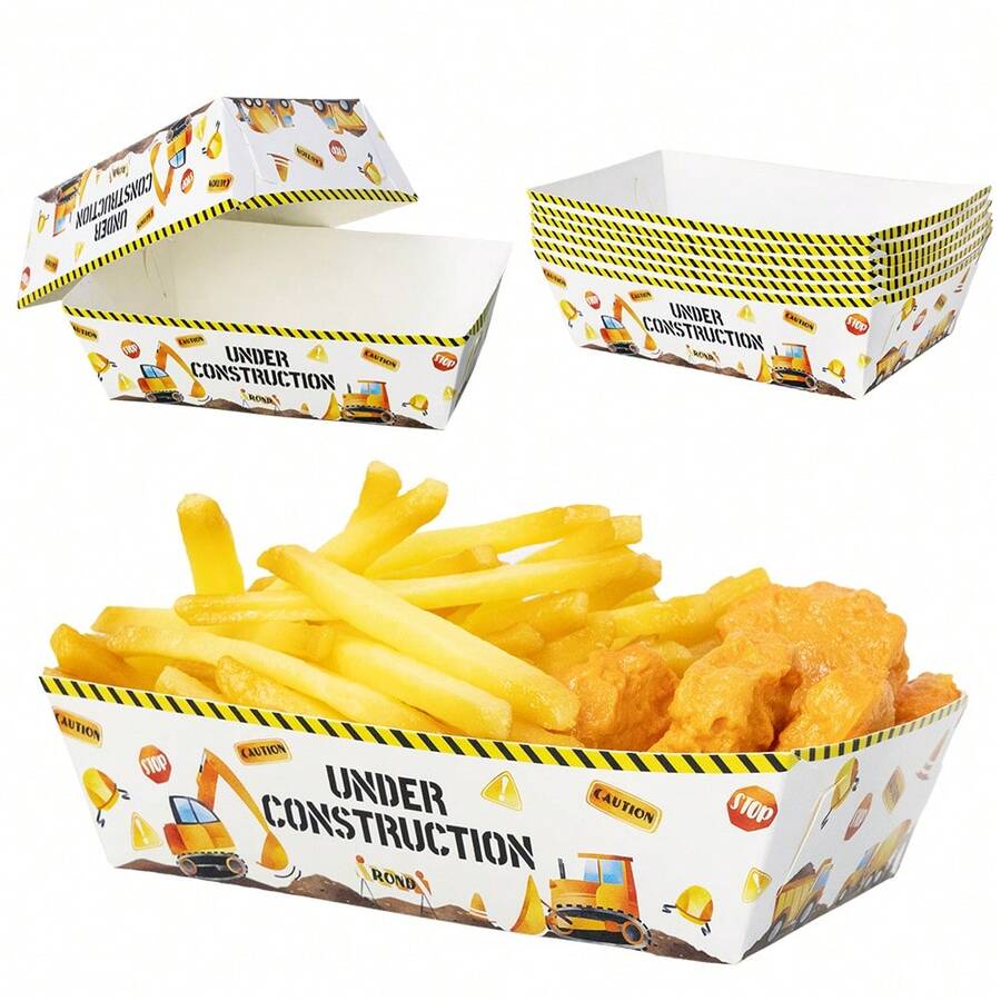 12pcs Construction Theme Food Trays, Excavator Bulldozer Fries Paper Trays, Suitable For Birthday Party Supplies, Snack Boxes, Outdoor Party