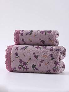 1pc/2pcs Floral Purple Lace Coral Fleece Towel (Lightweight & Thin), Super Soft Absorbent Skin-Friendly Quick-Drying Hand Towel, Outdoor Pool Towel, Adult Couples Home Daily Use Face Towel, Bath Towel 70*140cm, Face Towel 34*75cm Bathroom Decor - Multicolor - View 12