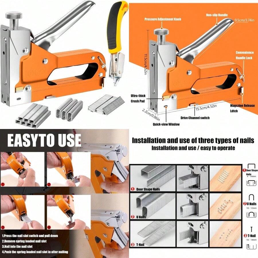 New Staple Gun For Wood 3 In 1 Upholstery Staple With 3000 Staples Manual Heavy Duty Staple Gun With For Furniture Carpet Carpentry DIY Wire Decoration Orange - Orange - View 1