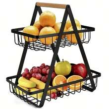 2/3 Tier Kitchen Countertop Fruit Basket, Portable Kitchen Storage Fruit Tray, Detachable Metal Fruit & Vegetable Basket With Wooden Handle, Fruit Rack Storage, Suitable For Kitchen, Living Room, Bathroom, Ideal For Storing Bread, Snacks, Vegetables, Fresh Produce, Fashionable Storage Solution, New Year Or Valentine's Day Gift, Secret Santa Gift