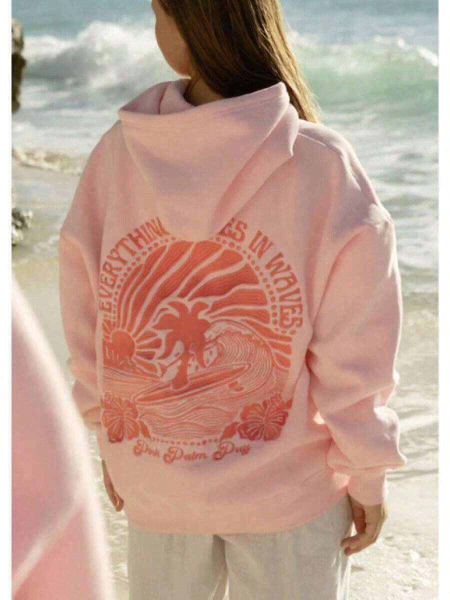 2025Hawaii Hibiscus Letter Print Embroidered Loose Sweatshirt Women's Drop Shoulder Sleeve Ribbed Hoodie Printlong Sleeve Tops,Tops,Hoodies - 粉紅色 - 椰子樹 - 查看 1