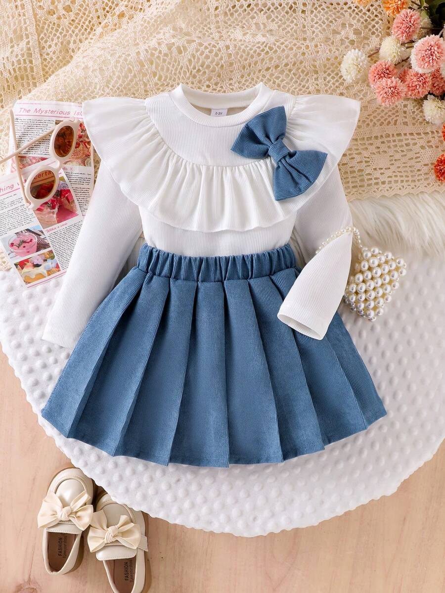 2pcs/Set Girls Ribbed Bow Decor Top And Corduroy Pleated Skirt Suit, Stylish School Look, Spring/Autumn - Blue - View 1