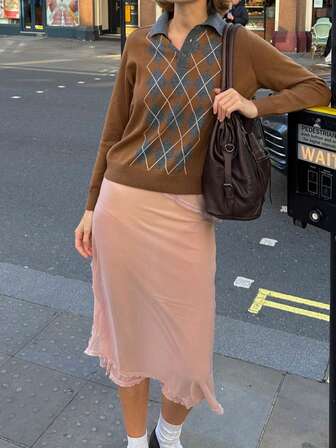 Seelio Autumn/Winter New Women's Fashion Loose Fit Diamond Pattern Knit Polo Shirt Top, Versatile European & American Style