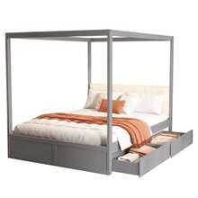 Canopy Bed 140*200 Cm With Large Drawers And Softer Backrest, Wooden Bed White