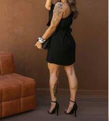 Women's One-Shoulder Jumpsuit With Waist Tie – Modern And Elegant  2026 - đen nhạt - Xem 1