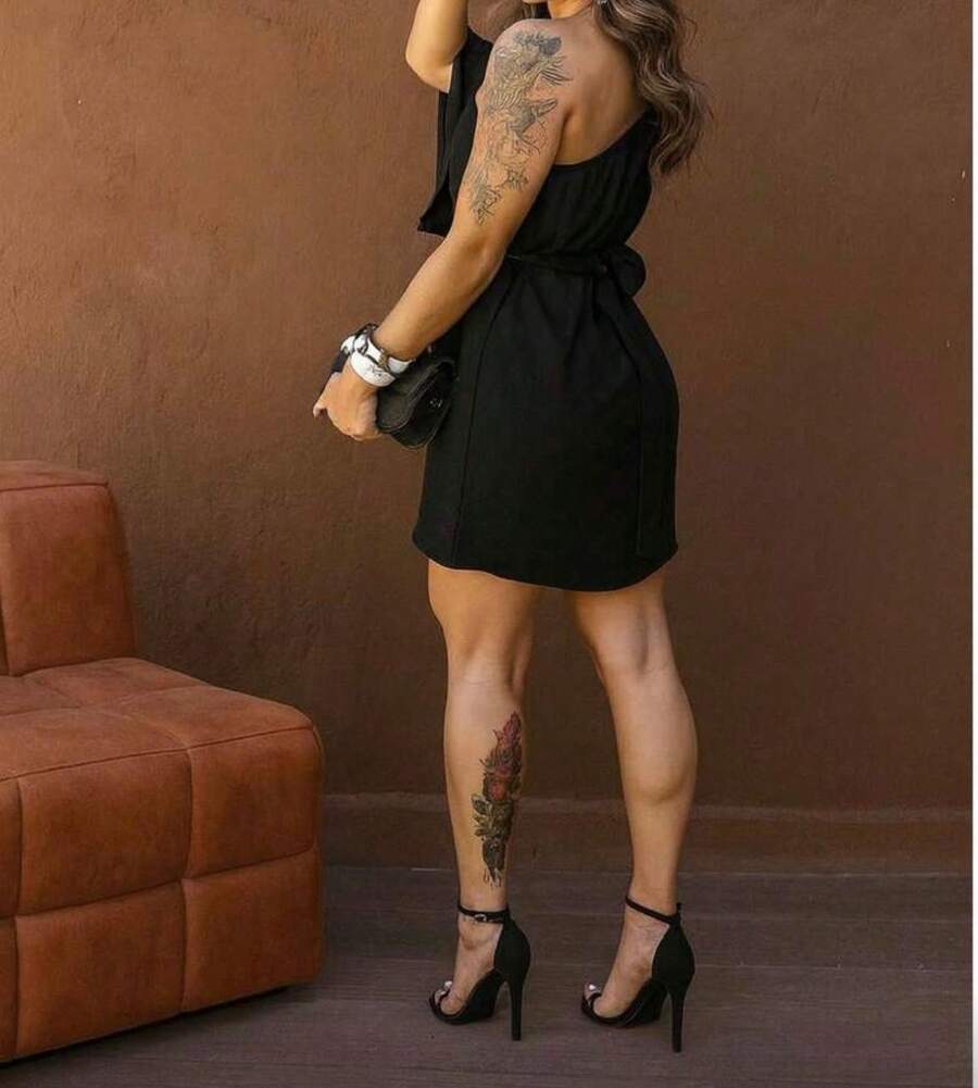 Women's One-Shoulder Jumpsuit With Waist Tie – Modern And Elegant 2026 - đen nhạt - Xem 1