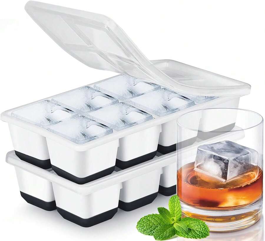 Large Ice Cube Trays With Lid, 2 Pack Stackable Silicone Ice Cube Molds Freezer, Easy Release 16 Big Square Ice Trays Whisky Cocktails (Orange) - màu đen - Xem 1