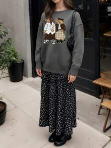 2026秋冬新款百搭復古卡通熊刺繡圓領寬鬆女款長袖針織衫，萬聖節裝扮、沙烏地國慶、新年出遊上衣，聖誕秋季穿搭 - 灰色 - 查看 4