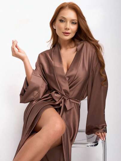 1 stuk elegante damesbadjas met strik in effen kleur voor de herfst/winter, sexy korte satijnen zijden nachtkleding, geschikt voor bruid, bruidsmeisje en thuisgebruik. Ochtendbadjas en slaapbadjas, sexy lange kimono/badjurk/yukata voor dames, dunne satijnen nachtkleding/negligé, elegante losse huisjurk/pyjama.