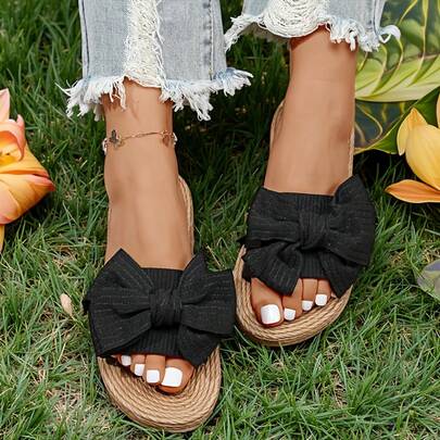 Women's Black Bow Flat Slippers, Fashion Round Open Toe Non Slip Slides Shoes, Outdoor/IndoorSlippers Women Casual Shoes Ladies Footwear