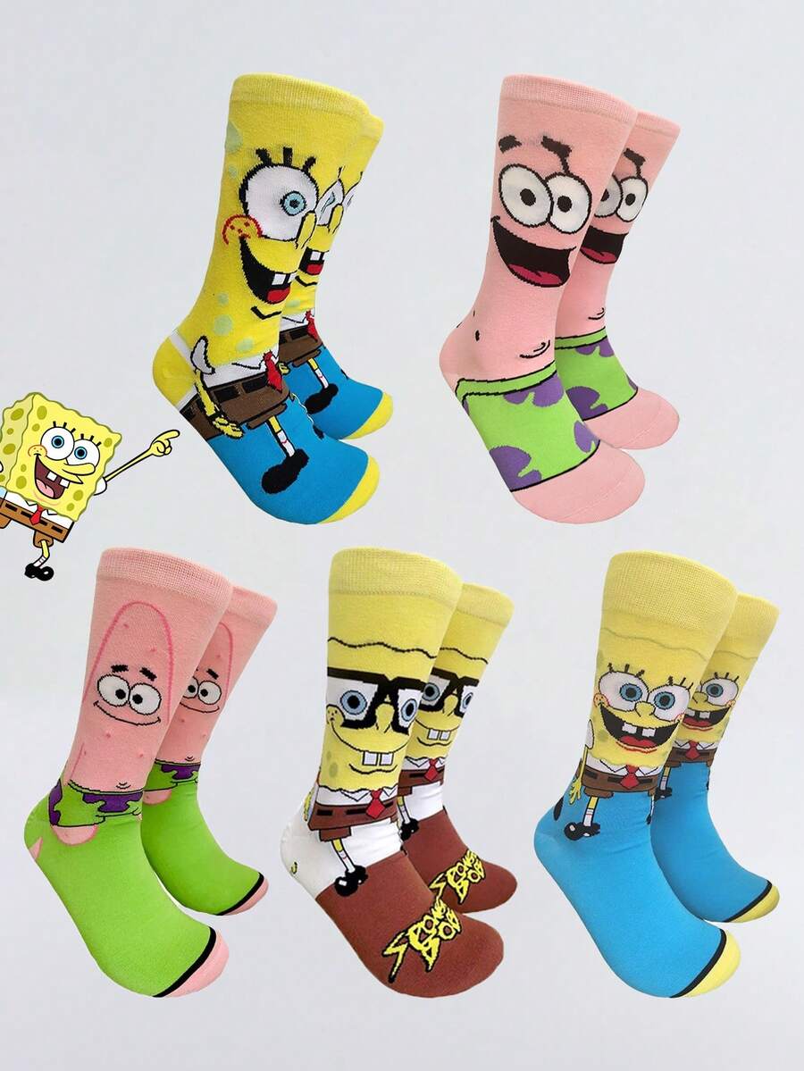 SpongeBob SquarePants 8pcs/7pcs/5pcs/4pcs/3pcs/1 Pair  Printed Crew Socks For Women, Funny Cartoon Socks With Random Expressions, Suitable For Home, Vacation, Sports And Daily Wear, All Seasons - Multicolor - View 1