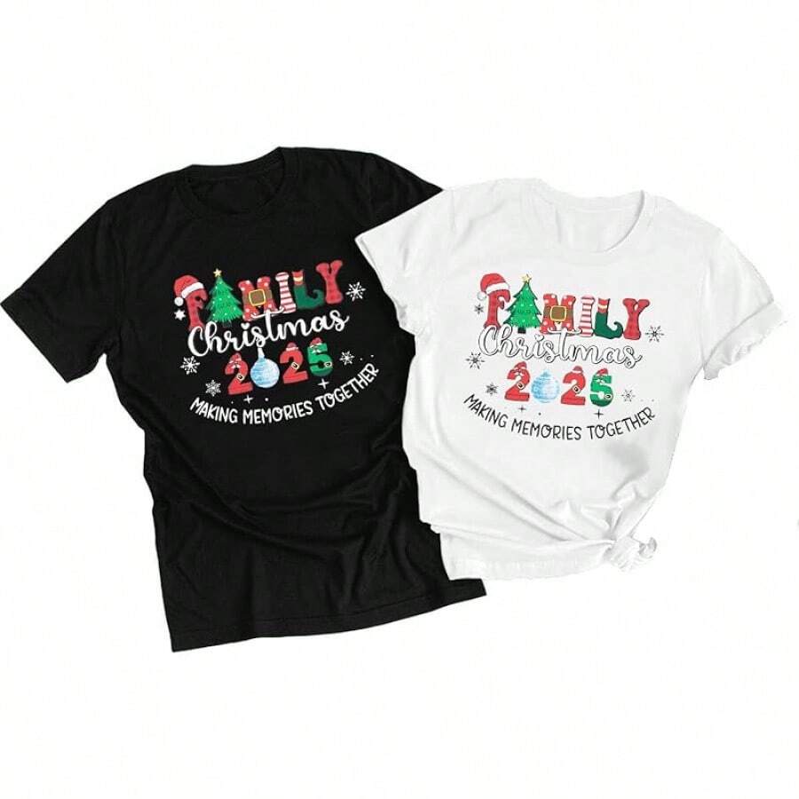 Camisetas de Navidad para Parejas, Él y Ella, Pijamas Familiares Divertidos de Navidad, Camiseta de Manga Corta - Blanco - Ver 1