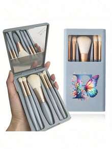 5 piezas Juego de brochas de maquillaje portátil con espejo, estampado de mariposa colorida y letra A-Z, juego de brochas de maquillaje en caja, juego de brochas de maquillaje multifunción con caja de espejo, mini lápiz de maquillaje multifunción, brocha de base, brocha de sombra de ojos, paleta básica de herramientas de maquillaje, organizador de maquillaje - Multicolor - Ver 6
