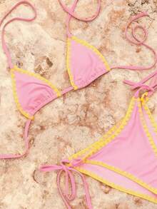 Women's Summer Beach Floral Trim Halter Tie Sexy Bikini Swimsuit Set - Pink - View 6