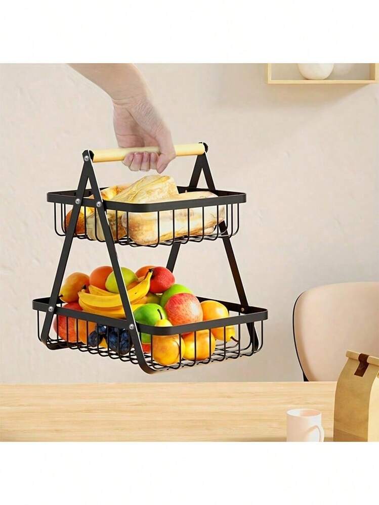 Cesta de Frutas de 2 Níveis/3 Níveis, Cesta de Frutas de Balcão de Metal com Alça de Madeira, Cesta de Armazenamento de Balcão Economizadora de Espaço, Cesta de Frutas de Cozinha Portátil com Design Destacável, Elegante e Durável, Ideal para Armazenar Frutas, Vegetais, Lanches, Garrafas de Temperos, Adequada para Cozinha, Banheiro, Quarto, Despensa, Também um Ótimo Presente de Festa e Decoração de Natal para um Lar Aconchegante - Multicolorido - Visão 2