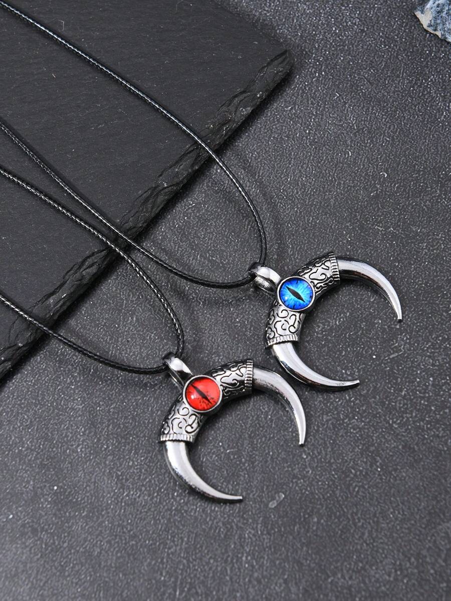 1pc Devil's Eye Necklace, European & American Punk Style Ox Horn Alloy Pendant Necklace, Unisex Choker - Multicolor - View 1