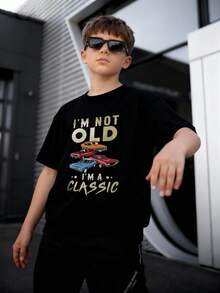 男童及青少年休闲印花圆领短袖T恤，夏季上衣 - 黑色 - 查看 4