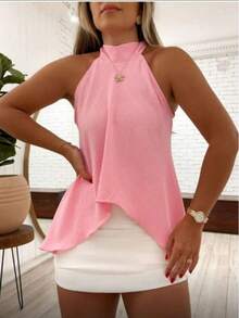 Women's Blouse With High Neck And Asymmetrical Neck Tie - 淺粉色 - 查看 1