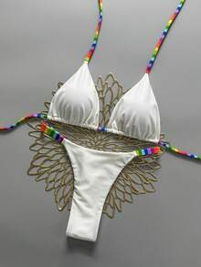 2 件波西米亚豹纹休闲可爱优雅性感扎染钩针撞色饰边比基尼泳装，海滩度假，春夏 - 白色 - 查看 2