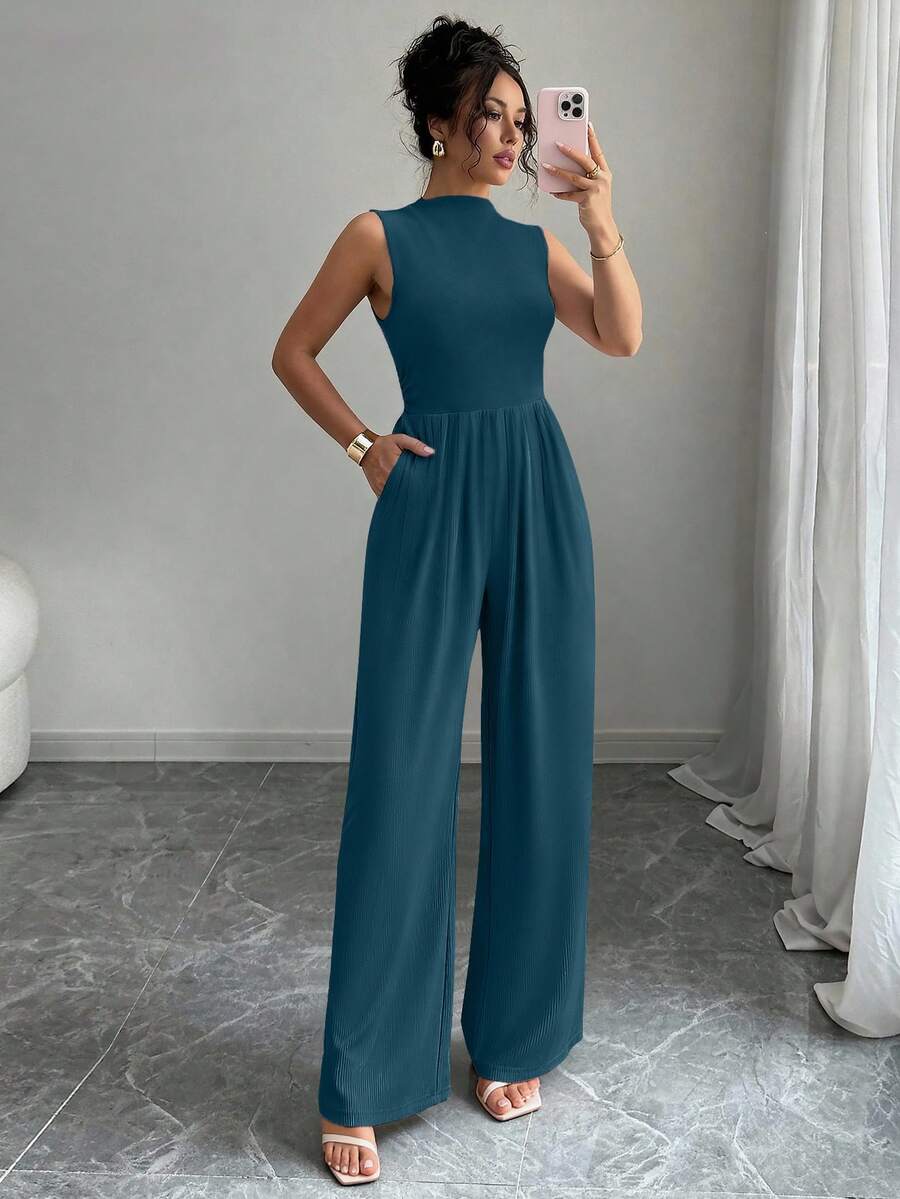 Women's Summer Knit Romper Elegant Casual Romper Sleeveless High Neck Wide Leg Romper Belt Pocket - 湖藍色 - 查看 1