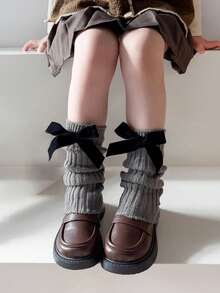 1双儿童纯红色蝴蝶结针织腿套，秋冬季保暖舒适，适合女孩穿着 - 灰色 - 查看 1